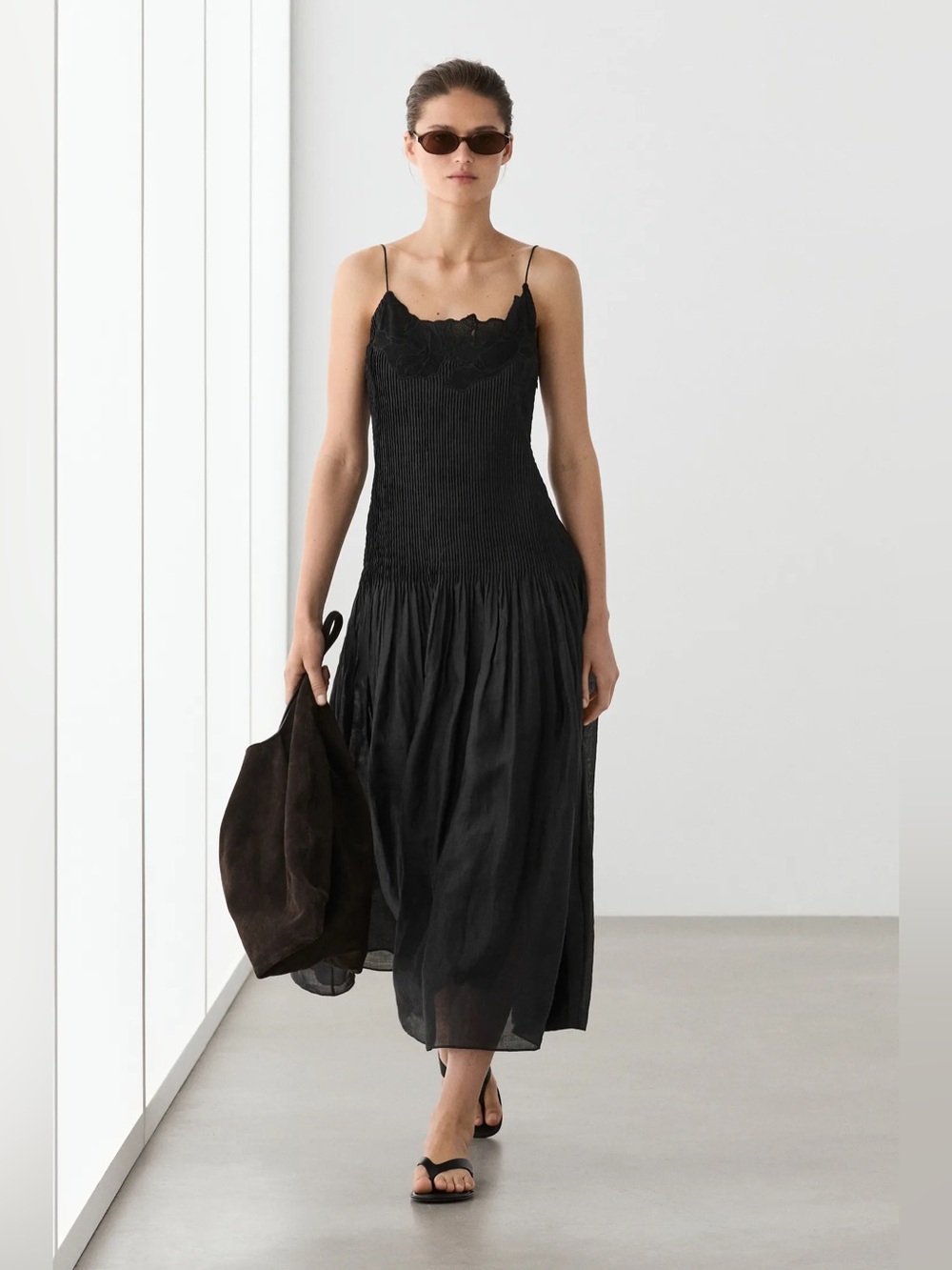 Massimo Dutti Black Smocked Slip Midi Dress - Women